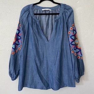 Zara Women Size XS Oversized Tunic Embroidered Sleeves Chambray Blouse Poet Boho